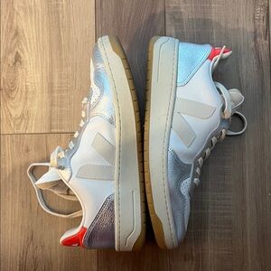 Veja V-10 White Pierre Silver Sneakers with Orange Detail